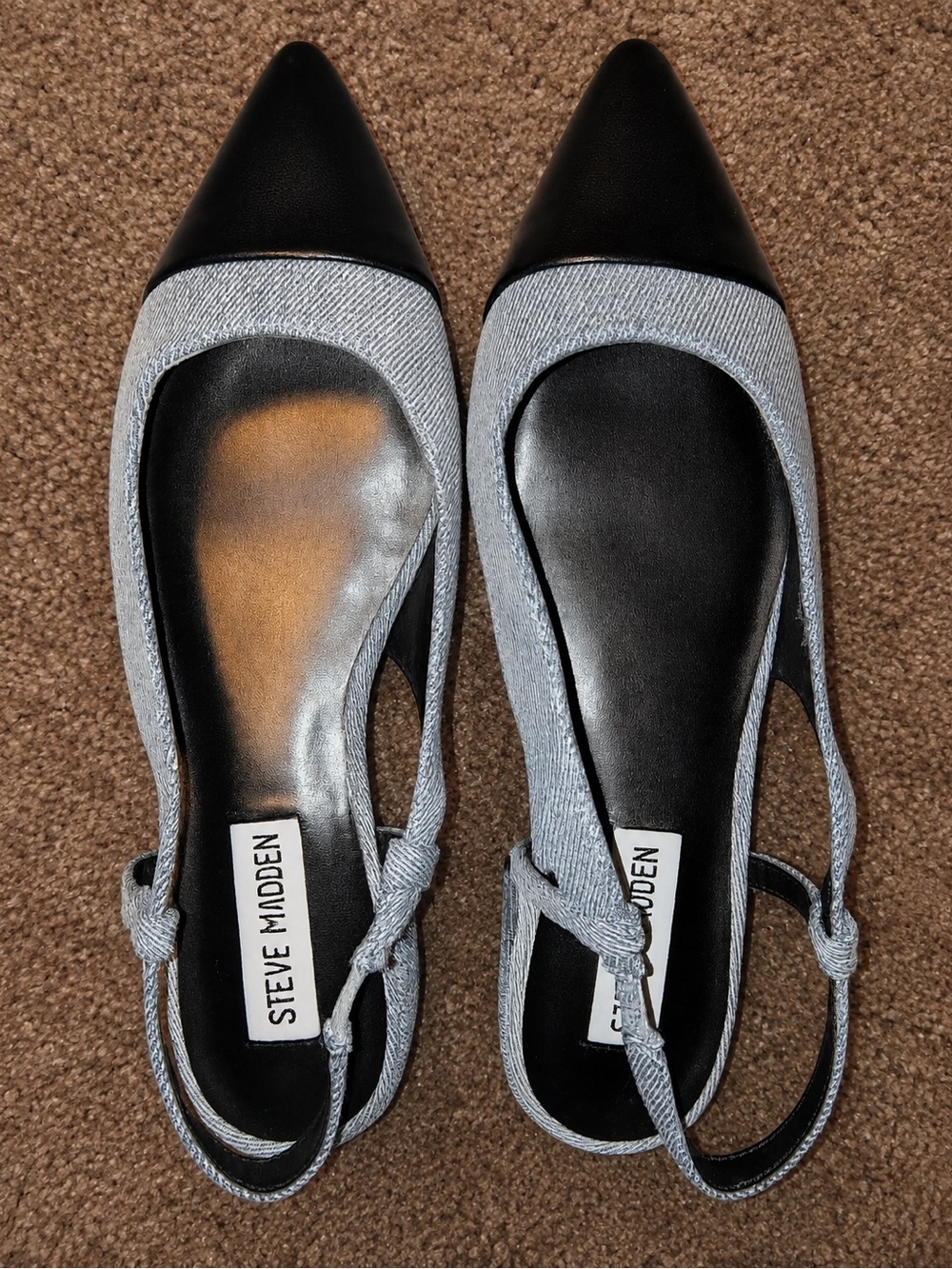 Steve Madden Black and Light Gray Pointed Toe Slingback Flats